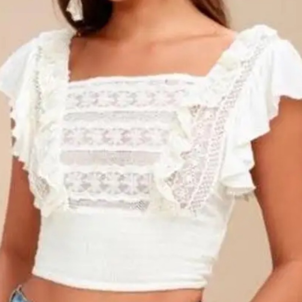 Free People White Lace Ruffle Crop